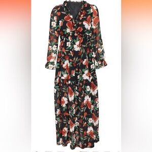 Womens Casual Floral Deep V Neck Long Sleeve Dress